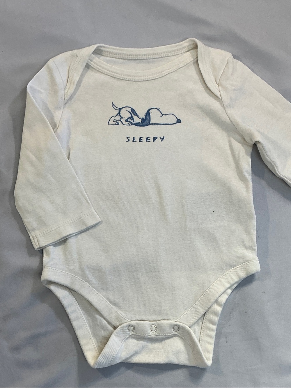 GAP X Peanuts White Long-Sleeve Baby One-Piece with Blue Snoopy 'Sleepy' Graphic